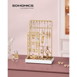 SONGMICS Jewellery Stand, Jewellery Organiser, Jewellery Display Stand with Metal Frame and Velvet Tray, Earring Bracelet Holder, Necklace Stand, for Studs, Rings, Gift Idea, Gold Colour JJS021A01