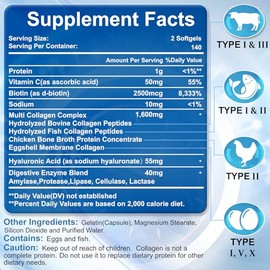 Péptidos de colágeno múltiple para mujeres y hombres, péptidos de colágeno hidrolizados tipo I, II, III, V, X, con ácido hialurónico, vitamina C, biot