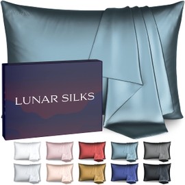 Lunar Silks, Highest Grade 6A 100% Pure Mulberry Real Silk Pillowcase 22 Momme (Both Sides) for Hair and Skin - Acne Free - 1PC in Gift Box (Glacier Blue, King)