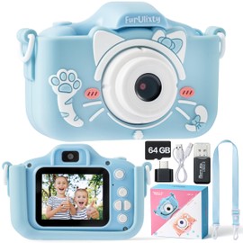 Children's Camera Screen Selfie Digital Camera Children - 64MP Display Digital Camera Children, 1080P HD Anti-Drop Camera Children with 64GB Card for 3-12 Years Toy (Cyan Kitten)