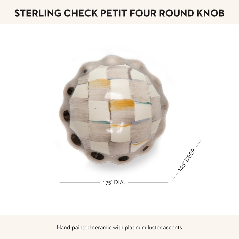 MACKENZIE-CHILDS Petit Four Round Knob, Decorative Drawer Pull Knob, Gray-and-White