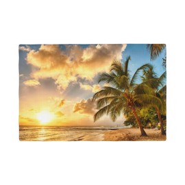 Sunset Hawaiian Palm Tree Print Imitation Linen Placemats Non-Slip Heat Resistant Place Mats Washable Table Mats for Dining Table Kitchen Table,(Set of 4/6)