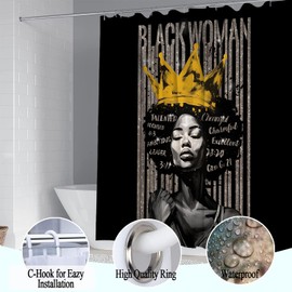 4Pcs Black Praying Queen Shower Curtain Set with Hooks, Inspirational Quote Afrcian American Woman Shower Curtains with Rugs Toilet Lid Cover Bath Mat, Waterproof Fabric Bathroom Shower Curtains