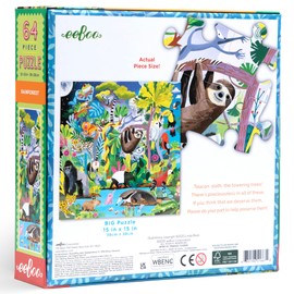 eeBoo: Rainforest - 64 Piece Puzzle - 15" x 15" Jigsaw, Vibrant Animal & Nature Scene, Informational Poster, Big Sturdy Dustless Pieces, Kids Ages 5+