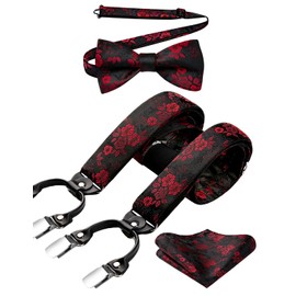 HISDERN Mens Suspenders Adjustable Burgundy Paisley Floral Bowtie & Suspenders Pocket Square Sets Y Shape 6 Clips Wedding Party Braces