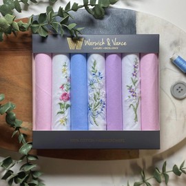 Warwick & Vance Pack Of 7 Womens/Ladies Handkerchiefs, Assorted Floral Embroidered & Dyed Handkerchiefs, 100% Cotton, 29 x 29cm