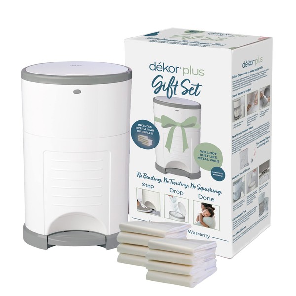 Dékor Plus Diaper Pail Gift Set – White | Comes with Over a Year's Supply Worth of Dékor Refills!