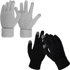 Knitted Winter Touchscreen Gloves, Black and Grey, Textured Pattern, 2 Pairs, Warm, Plush - Lined, Knitted for Men & Women