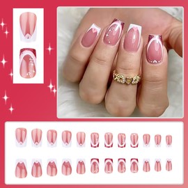 24Pcs Valentines Press on Nails Medium French Tip Fake Nails Heart Glue on Nails Pink Full Cover False Nails Valentines Acrylic Nails Glitter Nail Tips Square Stick on Nails for Women Girls