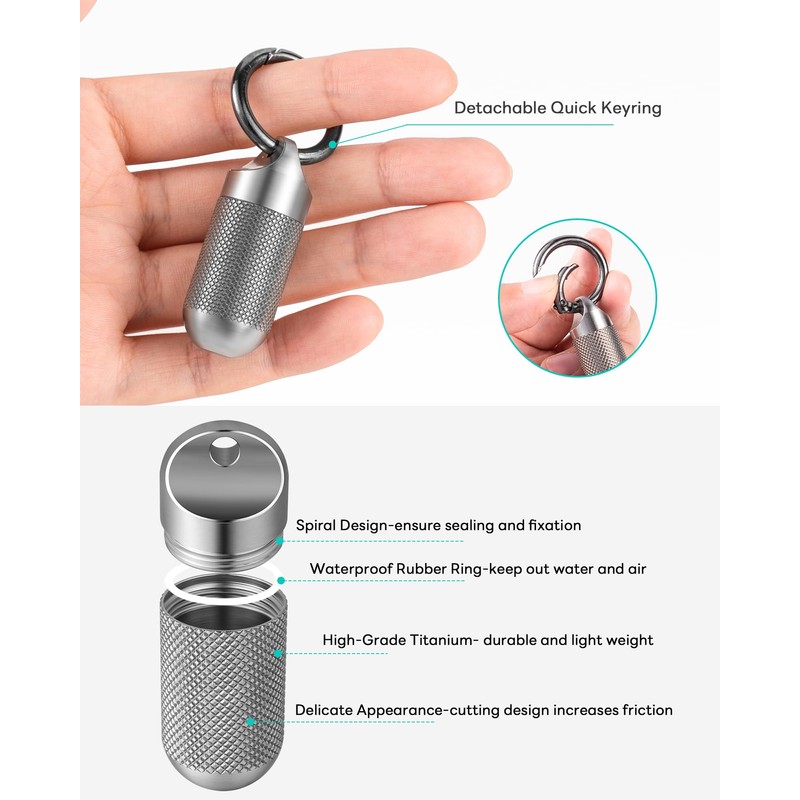 TISUR Titanium Keychain Pill Holder Small Metal Pill Case, Pill