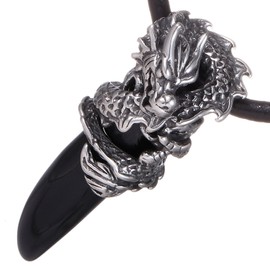 DonDon Men's Leather Necklace 50 cm 19,7" with Dragon Teeth Pendant Stainless Steel Silver in a Velvet Jewellery Pouch