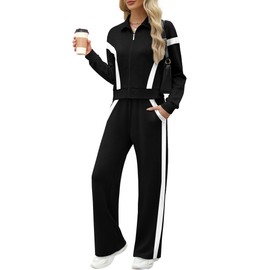 XIEERDUO Lounge Sets for Women 2025 2 Piece Women Beach Fashion Luxury Clothes Winter Vacation Essentials Travel Outfits Sweatshirt Zip Up Sweatsuits Sweatpants Tracksuit Black XS