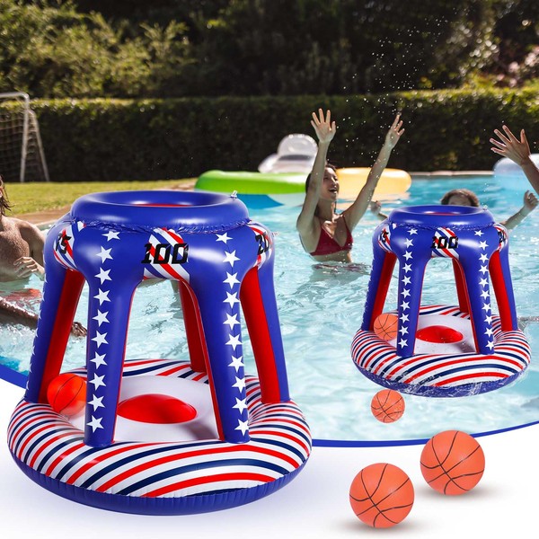 Honoson 46 Giant Pool Basketball Hoop Set Summer 4th of July American Flag Floating Inflatable Hoop with 2 Ball for Adult Kid Teen Family Competitive Water Play Trick Shot Basketball Pool Game Party