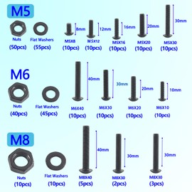 HVDHYY M5 M6 M8 Screws and Nut Set Screws Carbon Steel Screws Black Machine Screws Screw Nuts and Washers Assortment Kit Round Head with Storage Box 310 Pieces