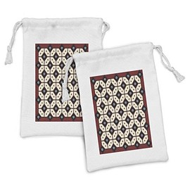 Ambesonne Ethnic Fabric Pouch Set of 2, Javanese Batik Pattern Rhombus Mosaic with Dots Traditional Yogyakarta, Small Drawstring Bag for Toiletries Masks and Favors, 9" x 6", Ruby Cream and Black