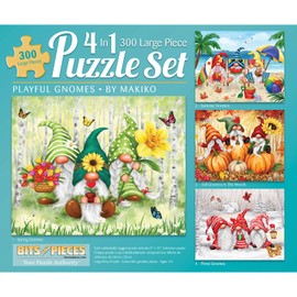 Bits and Pieces - 4-in-1 Multi-Pack 300 Piece Jigsaw Puzzles for Adults - 300 pc Large Piece 'Playful Gnomes' Puzzle Set Bundle by Makiko - 16" x 20" (41cm x 51cm)