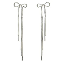 JeanBeau Silver Bow Long Chain Tassel Drop Dangle Earrings for Women Dainty Elegant Ribbon Fringe Waterfall Dangling Wedding Prom Fashion Jewelry Gift