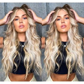 VEBONNY Ash Brown Wig, Brown Ombre, White Blonde Wigs with Highlights, Long Water Weave, Synthetic Hair, Glueless Wig, Wigs for Women, Mixed Blonde/Brown Hair, VEBONNY-169