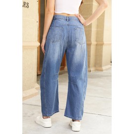 Ladyful Barrel Jeans for Women Wide Leg Elastic Mid Rise Denim Pants Baggy Cropped Boyfriend Ankle Jeans Blue