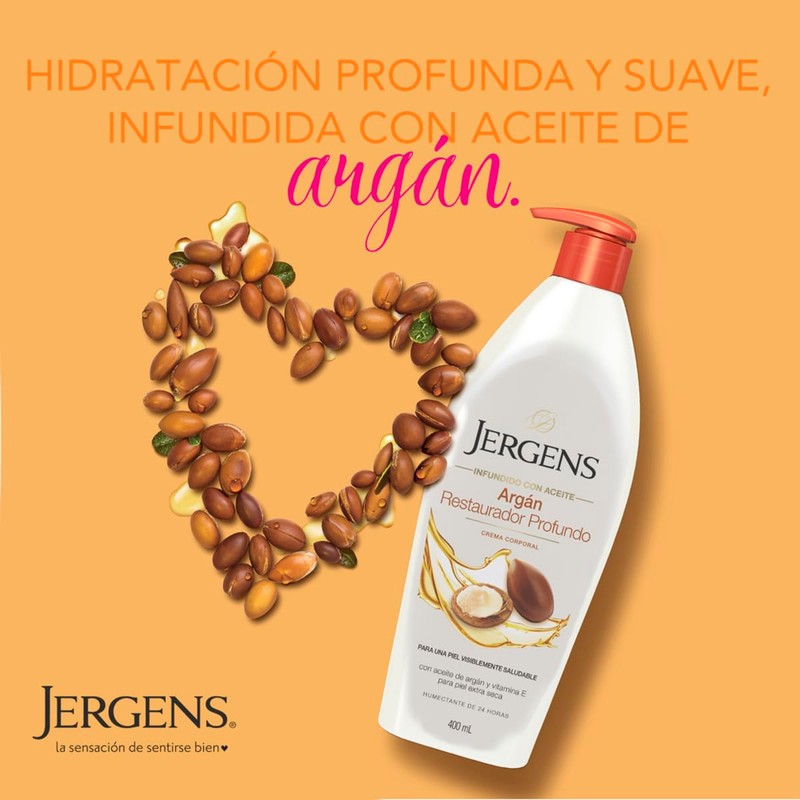 Jergens, Crema Corporal Argán Restaurador Profundo Humectante, 400 ml, con