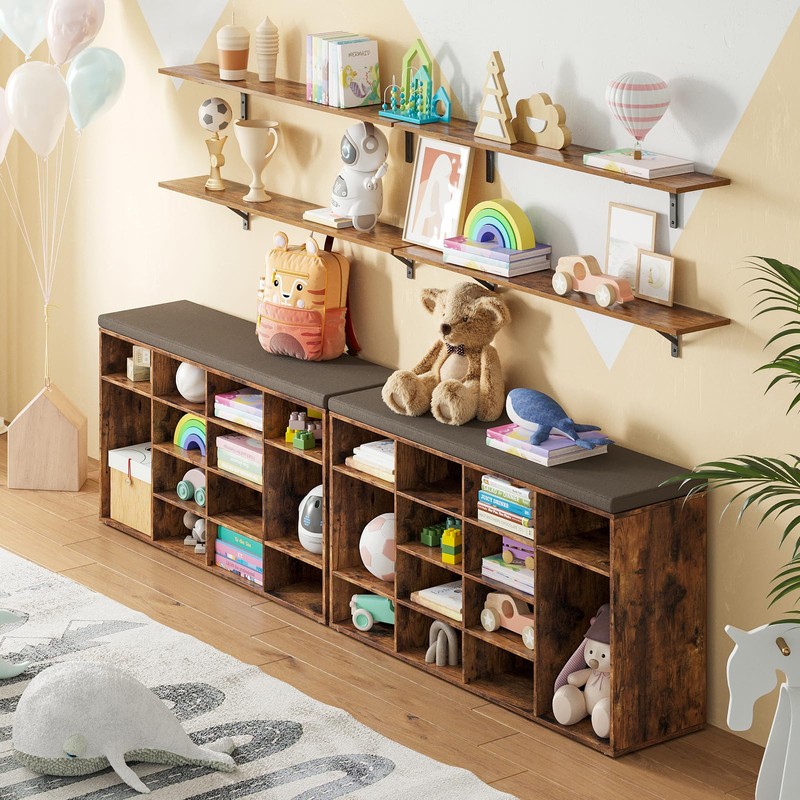 DINZI LVJ Shoe Storage Bench with Cushion, 14-Cubby Shoe Rack,