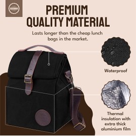 ASEBBO Insulated Lunch Bag for Women & Men - Reusable & Leak Proof Lunch Box Cooler Bag for Work, Beach, Travel for Adults with Shoulder Strap - Waxed Canvas (Black) - Reusable Bag