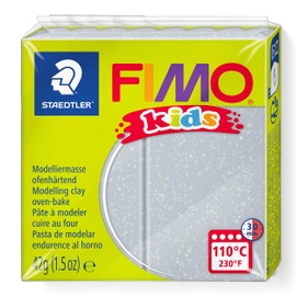 STAEDTLER FIMO Kids, 8030-812 Oven Hardening Modelling Clay Glitter Silver, Extra Soft and Smooth, Especially for Children, Normal Block 42 g