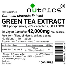 Nutrics® 42,000mg (per Capsule) Green Tea Extract 98% Polyphenols 90% catechins 60% EGCG 30 Vegan Capsules (1 Month Supply) 100% Pure
