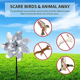 BATTIFE Molinillos reflectantes para patio y jardín, rueda de alfiler de pájaros ciegos brillantes preinstalados, asusta a pájaros y animales, paquete de 12 (plateado)