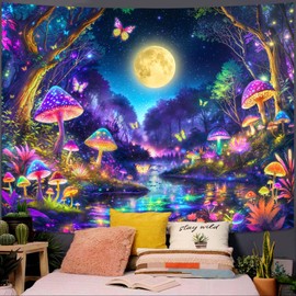Kanuyee Blacklight Tapestry Butterfly Moon Wall Tapestry Magical Forest Tapestry for Bedroom Magical Tapestry Aesthetic Bedroom Room Decor Moon 36×48 Inches
