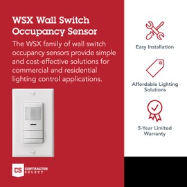 SensorSwitch Wall Mount Motion Sensor Switch, Passive Infrared Wall Switch and Occupancy Sensor and Dusk-to-Dawn Photocell, WSX Series, Single Relay, White