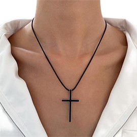 YienDoo Punk Black Cross Necklace Choker Gothic Black Leather Chain Choker Cross Crucifix Pendant Necklace Black Tone Religious Bible Crucifix Necklace Charm Jewellery for Women and Men