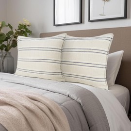 20X20 Decorative Farmhouse Linen Throw Pillow Covers, Boho Textured Pillow Case Set of 2,Beige with White & Blue Stitch Yarn Dyed Stripe Cushion Cover ,Modern Accent Square Pillowcase for Sofa Couch
