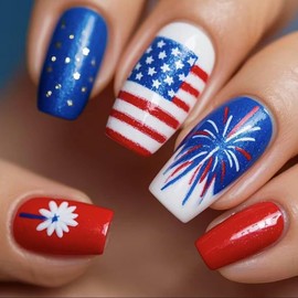 Independence Day Press on Nails Medium Coffin Fake Nails with Designs American Flag False Nails Glossy Full Cover Acrylic Nails Red Blue Glue on Nails 4th of July Stick on Nails for Women 24Pcs