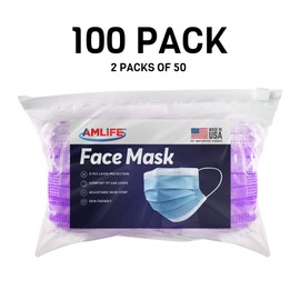 AMLIFE Face Masks [100 Pieces Pack] Disposable Protective 3-Ply Filter - Made in USA with Imported Fabric - Convenient Zipper Bag - Purple