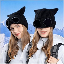 TAGVO Winter Knitted Beanie Hat with Goggles, Cute Cat Ears Winter Skull Cap, Warm Thick Fleece Lining Beanie, Windproof Beanies Hats for Outdoors Sport Skiing Hiking Cycling Black