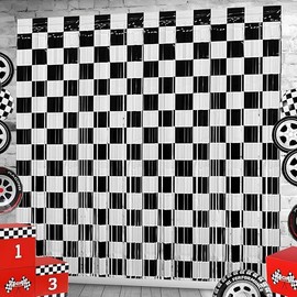 Race Car Foil Fringe Curtains Backdrop Birthday Party Decorations, 2 Pack 3.28 x 6.56 Ft Black White Foil Fringe Curtain Photo Booth Props Racing Car One Happy Dude Birthday Party Decorations