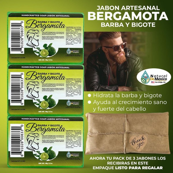 Natural de Mexico USA Jabon de Bergamota Barba y Bigote Bergamot Soap Beard Pack de 3 100% Natural