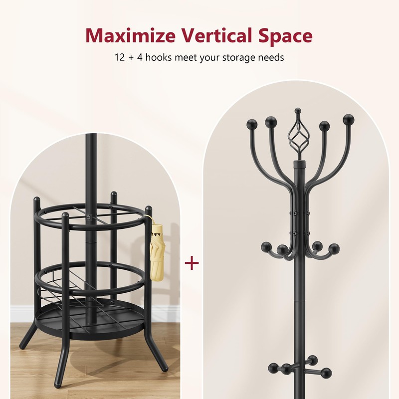 Tajsoon Coat Rack Stand with Umbrella Holder, Coat Tree Freestanding