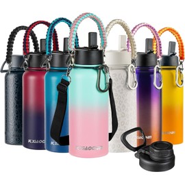 40 oz Insulated Water Bottle with Paracord Handles & Strap, 2 Lids(Straw Lid&Spout Lid), Stainless Steel Reusable Wide Mouth Metal Water Bottle With Straw, Double Walled, Thermo Mug(Rubber Pink)