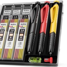 Nicpro 3 Pack Carpenter Pencil Set with Sharpener & Finger Grip, Solid Mechanical Pencils with 39 Refills (Red, Black, Yellow), Deep Hole Marker Construction Heavy Duty Woodworking Pencils - With Case