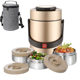 3-Tier Stackable Insulated Food Jar, 2.3L Portable Bento Lunch Box, 304 Stainless Steel Vacuum Insulated Barrel for Hot & Cold Food, Food Container for Office, Travel, Picnic, Outdoor (Gold)