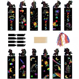Scratch Pictures for Children, Pack of 20 Scratch Painting with 10 Pieces Wooden Pens, 20 Pieces Ribbons, Unicorn Rainbow Scratch Pictures Bookmarks for Boys Girls Easter DIY Crafts Party,