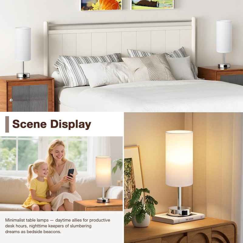 Aooshine Touch Lamps, Table Lamps with White Shade, Silver Base(Bulb