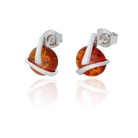 Women's Silver Stud Earrings with Amber, Round Baltic Amber in Cognac, Sterling Silver 925, Gift for Women, Sterling Silver, Amber