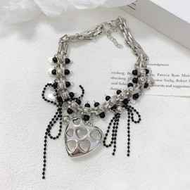 Gold Charm Necklace for Women DIY Fruit Seashell Beach Charm Necklace Sun Moon Coins Silver Paperclip Chain Charm Necklace Cowgirl (Black and White Heart Pendant)