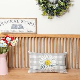 AACORS Spring Pillow Cover 12x20 Inch Buffalo Plaid Daisy Bloom Decorations Seasonal Farmhouse Summer Pillow Case Decor for Sofa Couch（Grey） AA464-12