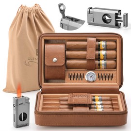 GLENCREAG GLENCREAG Portable Travel Cigar Humidor Case, Leather Cedar Wood Cigar Case with Cigar V Cutter & Lighter, Built in Hygrometer & Humidifier, Velvet Storage Bag Included
