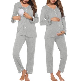 Ekouaer Maternity Pajama Set Button Down Nursing Pajamas Long Sleeve Breastfeeding Loungewear with Adjustable Pants Light Grey