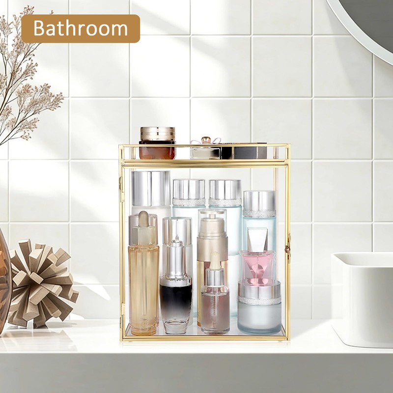 Glass Perfume Organizer Case Gold Cologne Holder with Vanity Tray